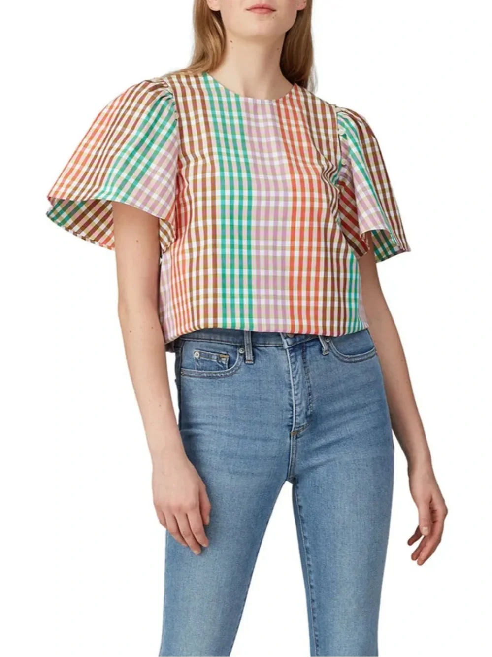 Kate Spade New York Women’s Multi Plaid Gingham Flutter Sleeve Blouse S Shirt